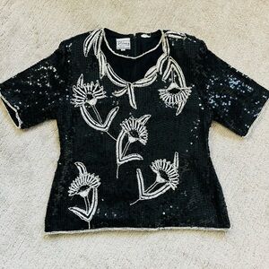 Vintage Stenay Black Beaded Blouse with Illusion Neckline